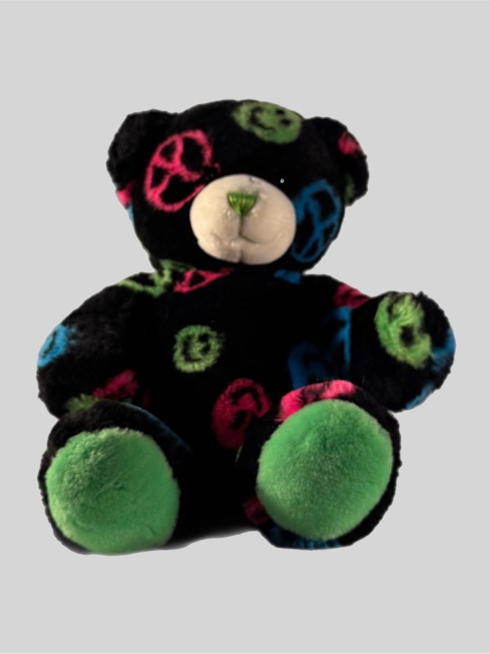 Build-A-Bear “Peace & Smiles” Black Neon Plush Stuffed Animal Teddy Bear EUC